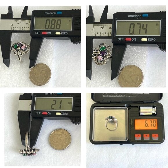 Sterling Silver 925 Multi Colored CZ Marcasite Floral Flower Cluster Ring Sz 8 - Picture 10 of 16